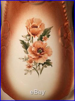 Vintage IRONSTONE Stoneware/Pottery Floral Brown/Beige LARGE PITCHER & BASIN SET