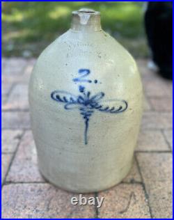 Vintage J. Fisher Salt Glaze Stoneware 2 Gallon Jug Cobalt Dragonfly Lyons NY
