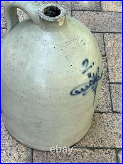Vintage J. Fisher Salt Glaze Stoneware 2 Gallon Jug Cobalt Dragonfly Lyons NY