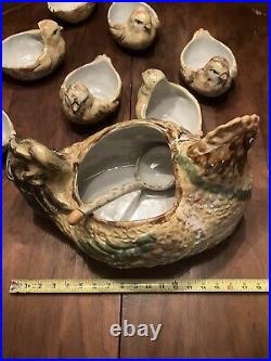 Vintage Louisville Stoneware Pottery Chicken Centerpiece & 8 Soup Bowls & Ladle