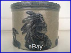 Vintage Old Sleepy Eye Stoneware Butter Crock Antique Pottery Indian Chief Blue
