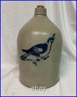 Vintage Primitive Antique 19th Century 3 Gallon Blue Bird Stoneware Jug