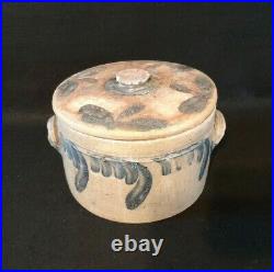 Vintage Stoneware Cake Crock Pottery Blue Cobalt Design with Lid & Handles