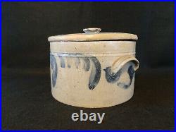 Vintage Stoneware Cake Crock Pottery Blue Cobalt Design with Lid & Handles