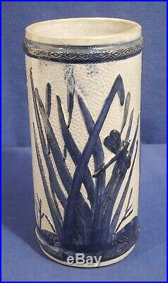 Vtg Antique Old Sleepy Eye Cattails with Dragonfly Indian Head Stoneware Vase 8.5