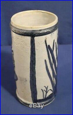 Vtg Antique Old Sleepy Eye Cattails with Dragonfly Indian Head Stoneware Vase 8.5