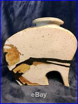 Vtg MCM Studio Slab Built Stoneware Pottery Ceramic Abstract Vase Marked 8 x 8