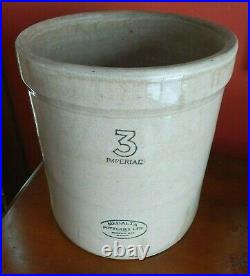 Vtg Medalta Potteries Ltd Imperial 3 Gallon Crock Medicine Hat, Alberta Canada