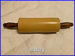 Vtg antique YELLOW WARE pottery ROLLING PIN stoneware wooden handle