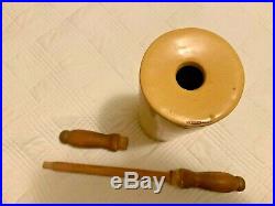 Vtg antique YELLOW WARE pottery ROLLING PIN stoneware wooden handle