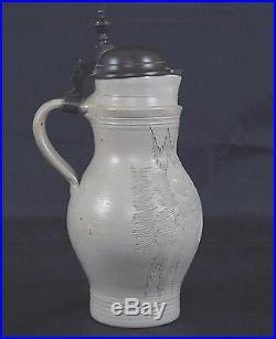 Westerwald Combed Stoneware Jug With Pewter Lid Antique