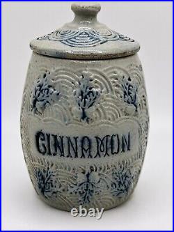 Whites of Utica CINNAMON Spice Jar withLid Stoneware Gray & Blue, Scarce