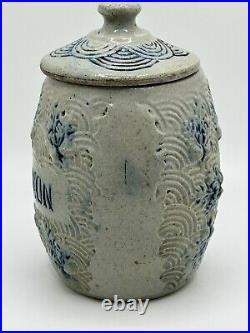 Whites of Utica CINNAMON Spice Jar withLid Stoneware Gray & Blue, Scarce