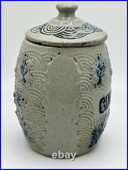 Whites of Utica CINNAMON Spice Jar withLid Stoneware Gray & Blue, Scarce