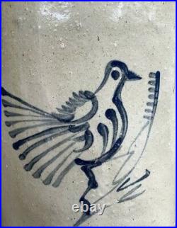 Wonderful Small Stoneware Crock With Stylized Bird Decoration, About 1 Gallon